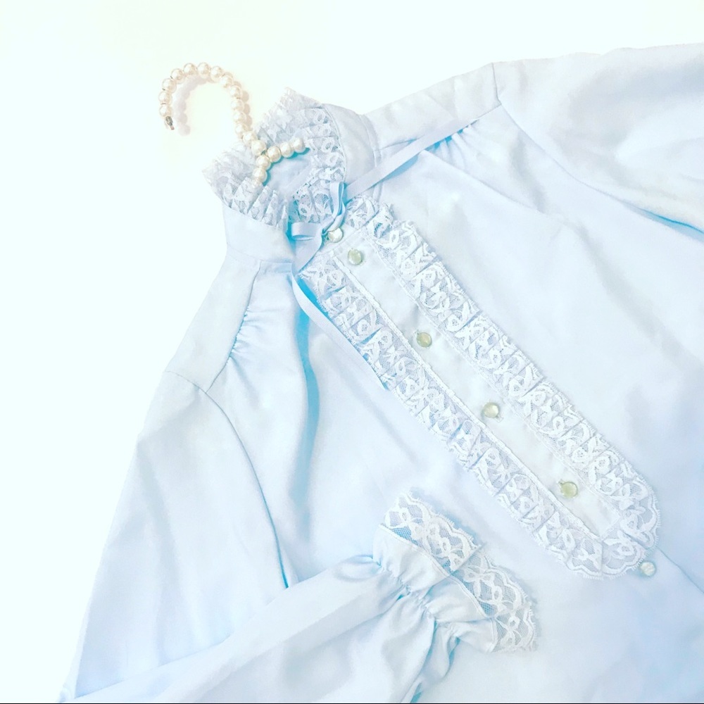Vintage Lady Holiday Blue Lace Trim Blouse